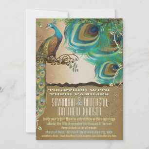 Gold Peacock Vintag 3 Feathers Einladung