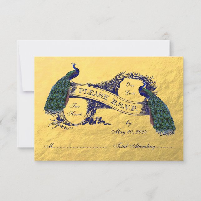 Gold Peacock Wedding RSVP Card (Vorderseite)
