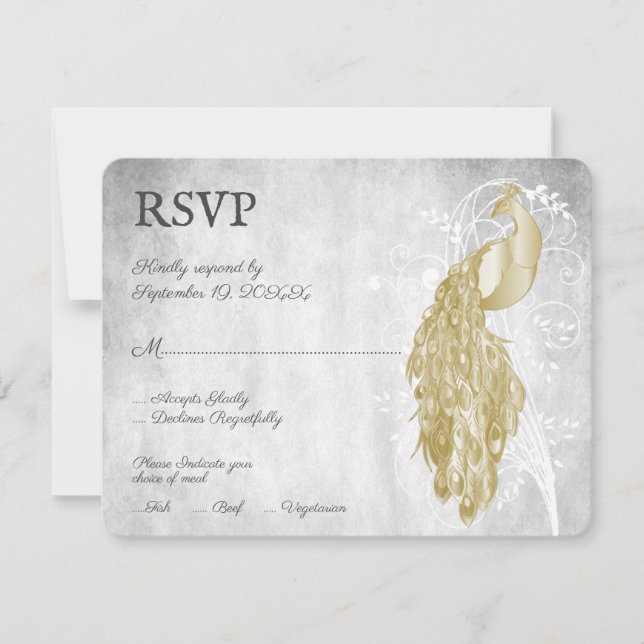 Gold Peacock Wedding RSVP Card Karte (Vorderseite)