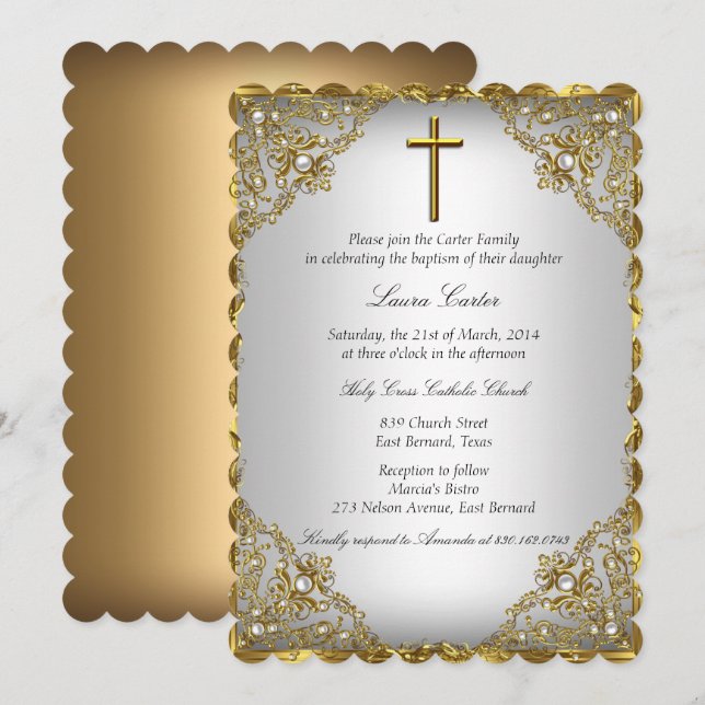 Gold Pearl Damask & Cross Baptisse/Christening Einladung (Vorne/Hinten)