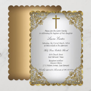 Gold Pearl Damask & Cross Baptisse/Christening Einladung