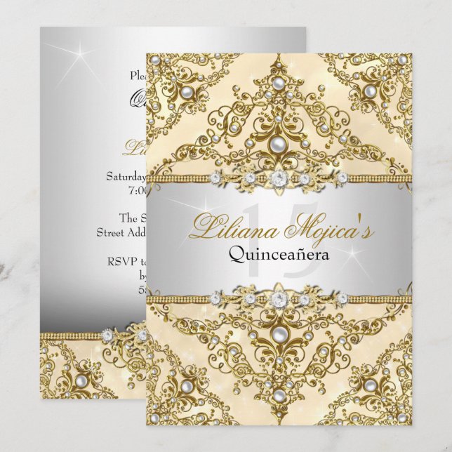 Gold Pearl Damask Quinceanera Invitation (Devant / Derrière)
