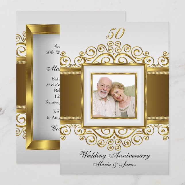 Gold & Pearl Swirl Foto 50 Jubiläum Einladung (Vorne/Hinten)