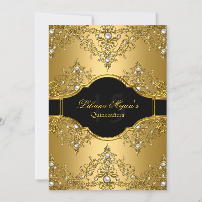 Gold Pearl Vintag Glamour Quinceanera Einladung (Vorderseite)