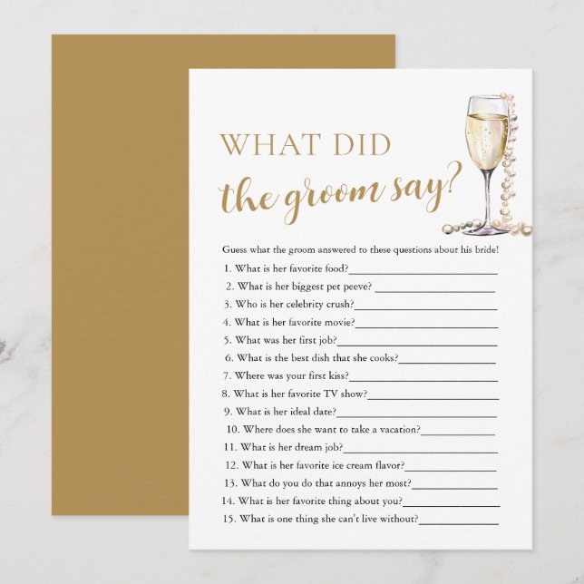 Gold Pearls & Prosecco Was hat der Groom gespielt Einladung (Vorne/Hinten)