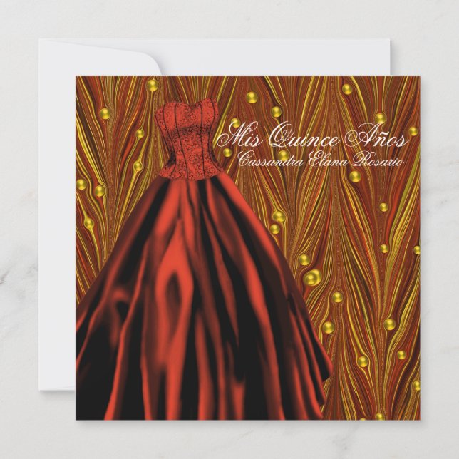 Gold Pearls Red Dress Red Gold Quinceanera Einladung (Vorderseite)