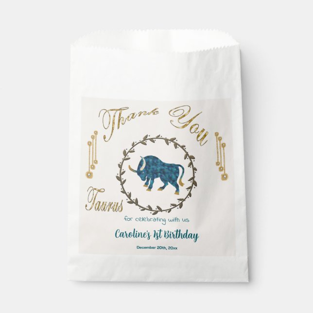 Gold & Pearls Taurus 1. Geburtstag Vielen Dank Geschenktütchen (Vorderseite)