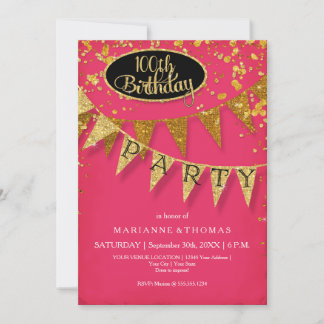 Gold Pennant Any Year Pink Birthday Confetti Einladung