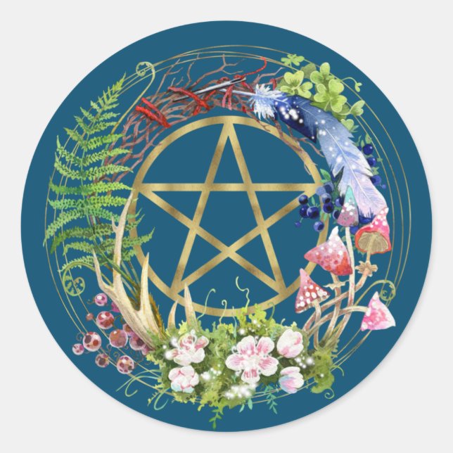 Gold Pentagramm Natureath Blume Bohemisch Runder Aufkleber (Vorderseite)