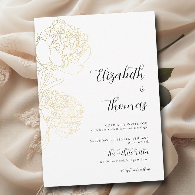 Gold Peonies Romance Elegante Hochzeitsfeier Einladung (gold peonies floral sketch modern classic wedding invitation romantic elegant boho formal)