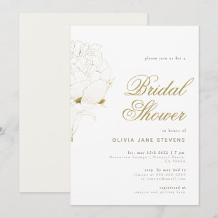 Gold Peony Elegant Script Floral BW Brautparty Einladung
