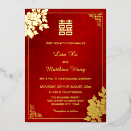 Gold Peony Red Shimmering | Chinesische Hochzeit Folieneinladung