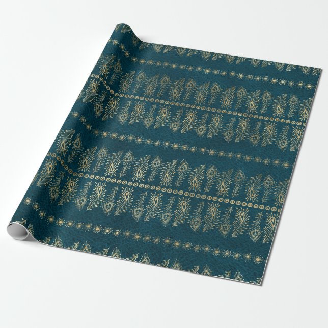 Gold-Pfau-Blume auf Aquamarinen Geschenkpapier (Ungerollt)
