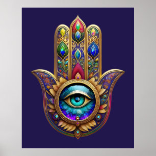 Gold Pfau Farben Hamsa Grüner Saphir Drittes Auge Poster