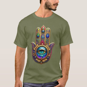 Gold Pfau Farben Hamsa Grüner Saphir Drittes Auge T-Shirt