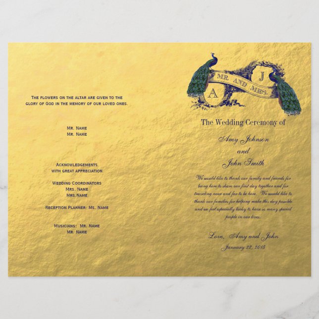 Gold-Pfau-Hochzeitsprogramm (Vorderseite)