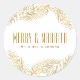 Gold Pine Needles Frohe und Verheiratete Weihnacht Runder Aufkleber