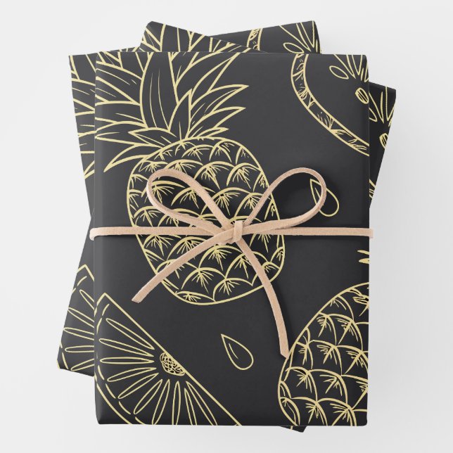 Gold Pineapples on black Wrapping Paper Sheets  Geschenkpapier Set (Beispiel)