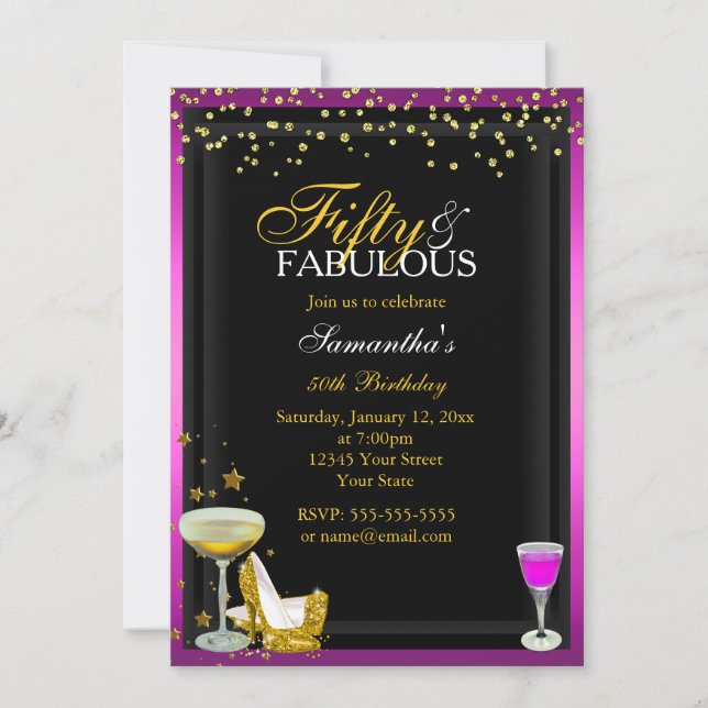 Gold & Pink 50 & Fabuleuse Invitation Anniversaire (Devant)