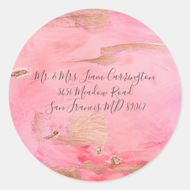 Gold Pink Abstrakte Farbe Script Name Adresse Runder Aufkleber (Vorderseite)