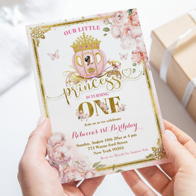 Gold Pink African Princess Carriage First Birthday Einladung (Von Creator hochgeladen)