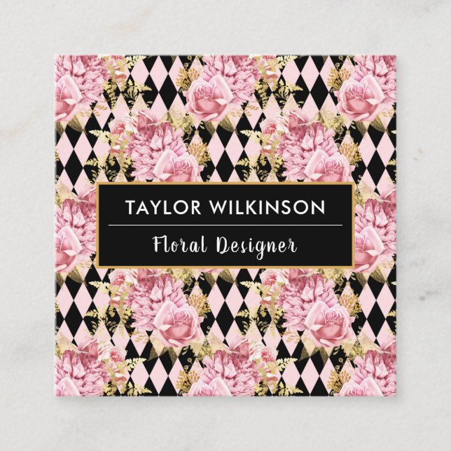 Gold, Pink and Black Floral Roses with Diamonds Sq Quadratische Visitenkarte (Vorderseite)