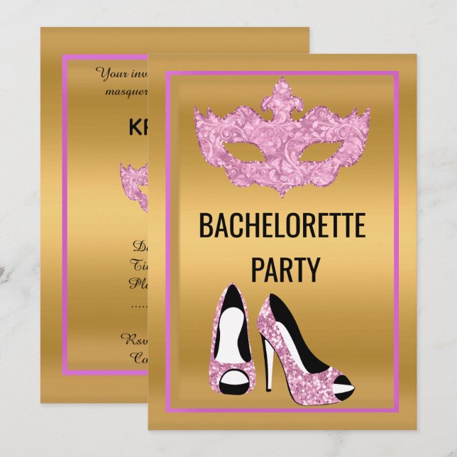 GOLD PINK BACHELORETTE HEELSES MASQUERADE PARTY EINLADUNG (Vorne/Hinten)