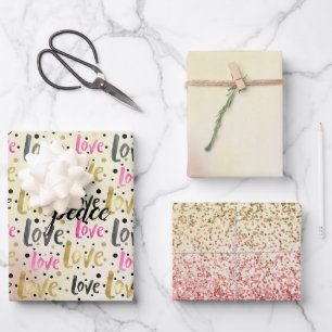 Gold Pink Black Confetti Liebe Peace Glitzer Geschenkpapier Set