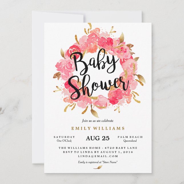 Gold Pink Blossom Wreath Baby Dusche Einladung (Vorderseite)