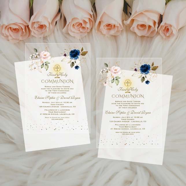 Gold Pink Blue Floral Twins Erste Heilige Kommune Acryleinladungen (Von Creator hochgeladen)