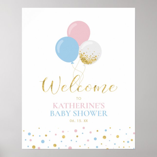 Gold Pink Blue Gender Reveal Baby Dusche Willkomme Poster (Vorne)