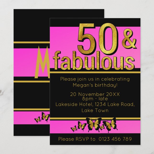 Gold Pink Butterfly 50 & Fabulous 50. Geburtstag Einladung (Vorne/Hinten)