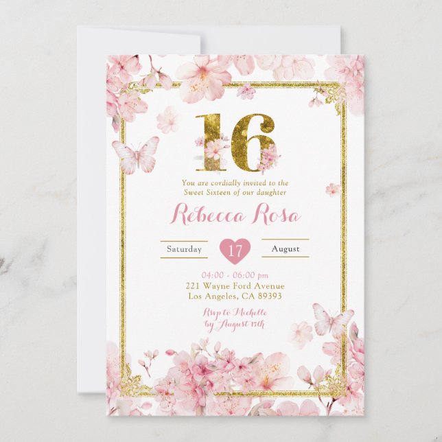 Gold Pink Cherry Blossom Floral Girl Sweet 16 Einladung (Vorderseite)