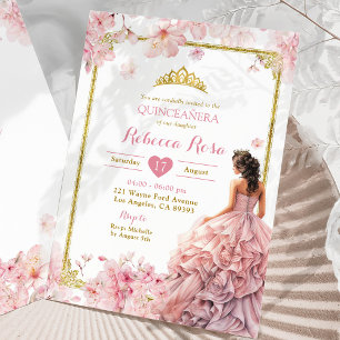 Gold Pink Cherry Blossom Princess Quinceañera Einladung