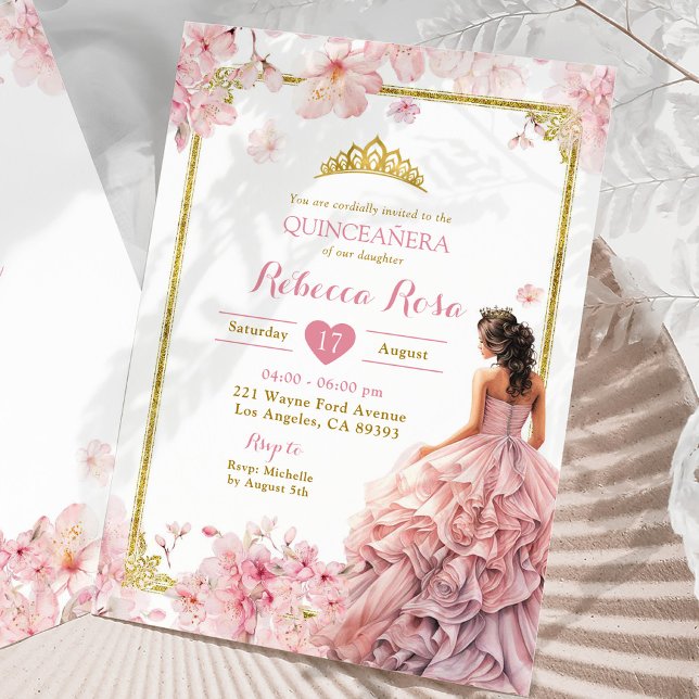 Gold Pink Cherry Blossom Princess Quinceañera Einladung (Von Creator hochgeladen)