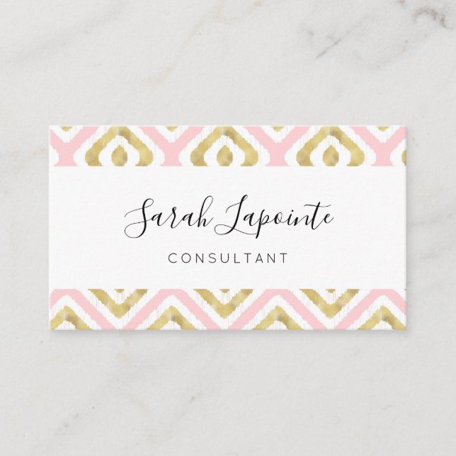 Gold & Pink Chic & Elegantes Ikat-Muster Visitenkarte (Vorderseite)