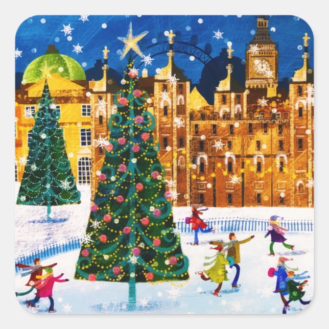 Gold Pink Christmas Winter Ice Skaten Quadratischer Aufkleber (Vorderseite)