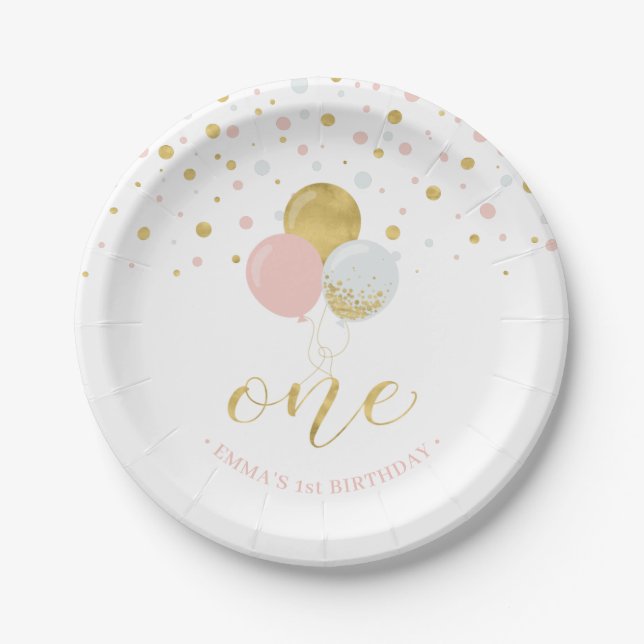Gold & Pink Confetti, 1st Birthday Party Pappteller (Vorderseite)
