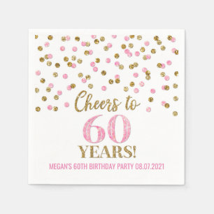 Gold Pink Confetti Cheers to 60 Years Birthday Serviette