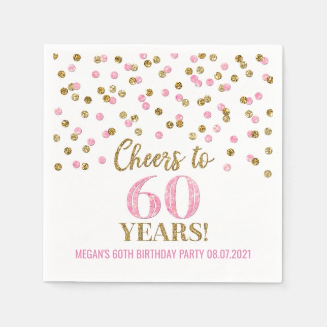 Gold Pink Confetti Cheers to 60 Years Birthday Serviette (Vorderseite)