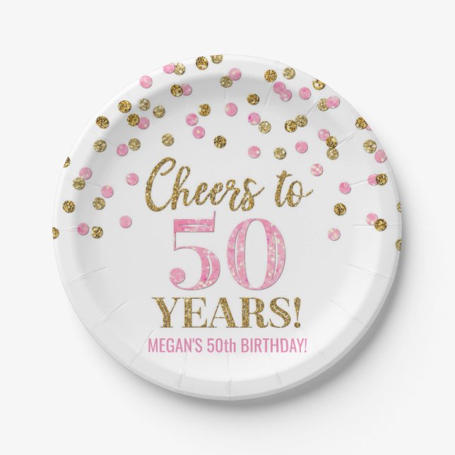 Gold Pink Confetti Feiert 50 Jahre Geburtstag Pappteller (Vorderseite)