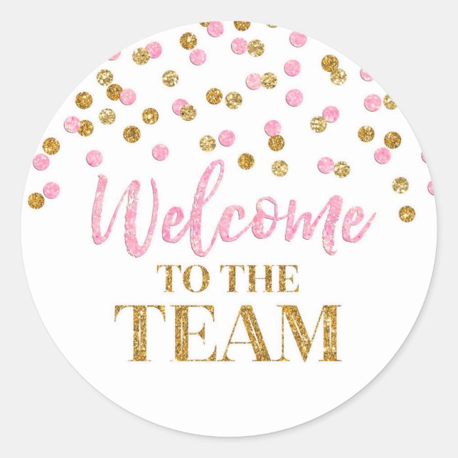 Gold Pink Confetti Willkommen im Team Runder Aufkleber (Vorderseite)