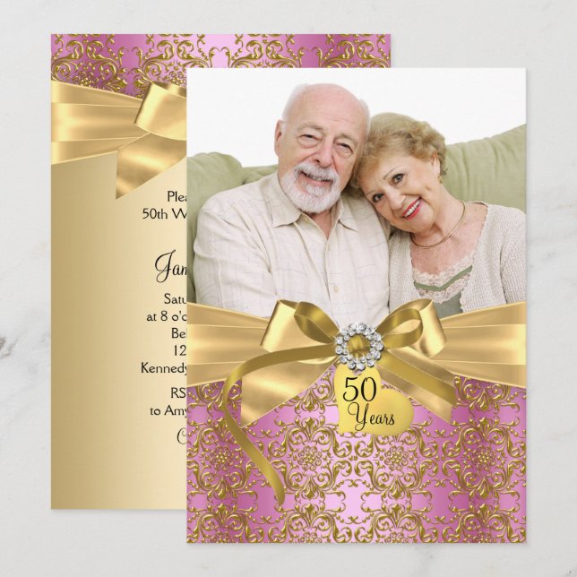 Gold Pink Damask & Bow Foto 50 Jahre Einladung (Vorne/Hinten)