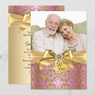 Gold Pink Damask & Bow Foto 50 Jahre Einladung