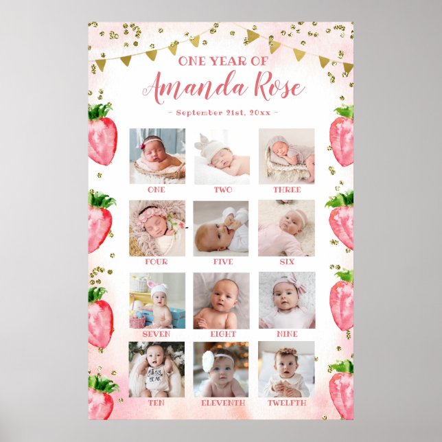 Gold Pink Erdbeere Erstes Jahr FotoCollage Poster (Vorne)