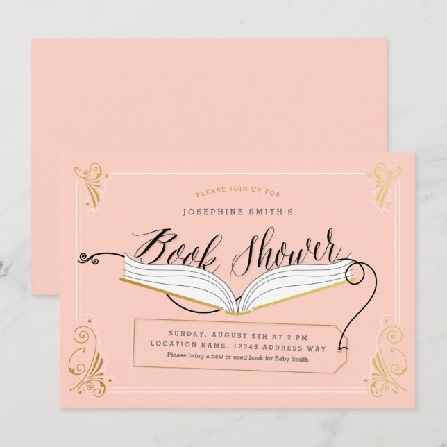Gold Pink Fairy Tale Storybook Kinderdusche Einladung (Vorne/Hinten)