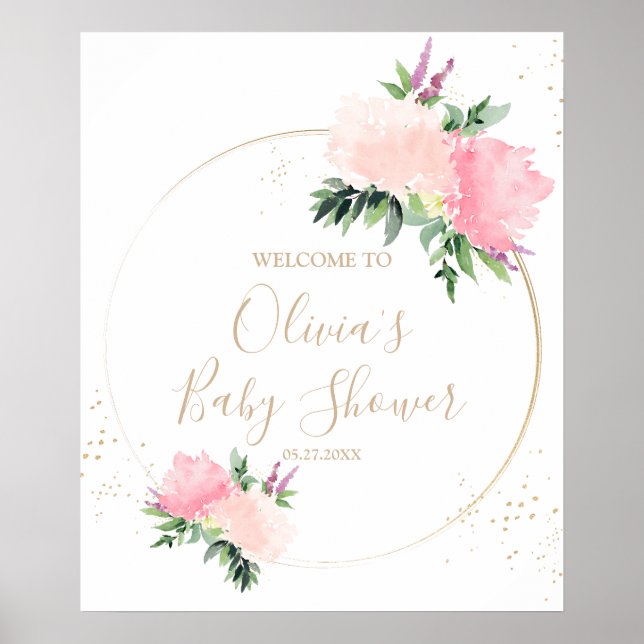 Gold Pink Floral Baby Dusche Willkommen Poster (Vorne)