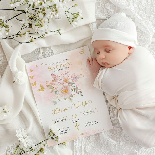 Gold Pink Floral Butterfly Taufe Christening Einladung (Von Creator hochgeladen)