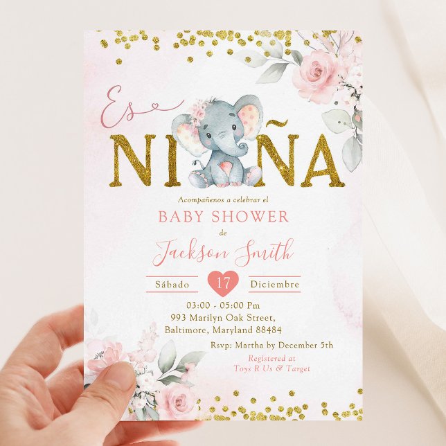 Gold Pink Floral Elephant Es niñ eine Babydusche Einladung (Von Creator hochgeladen)