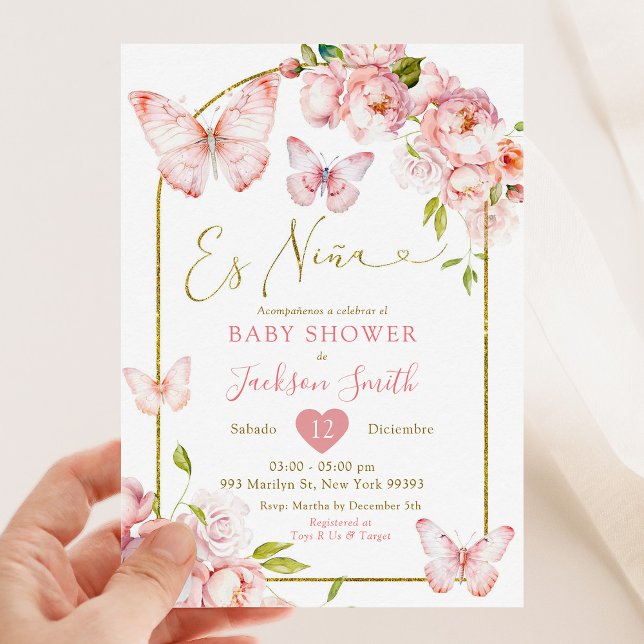 Gold Pink Floral Es Nina Butterfly Baby Dusche Einladung (Von Creator hochgeladen)